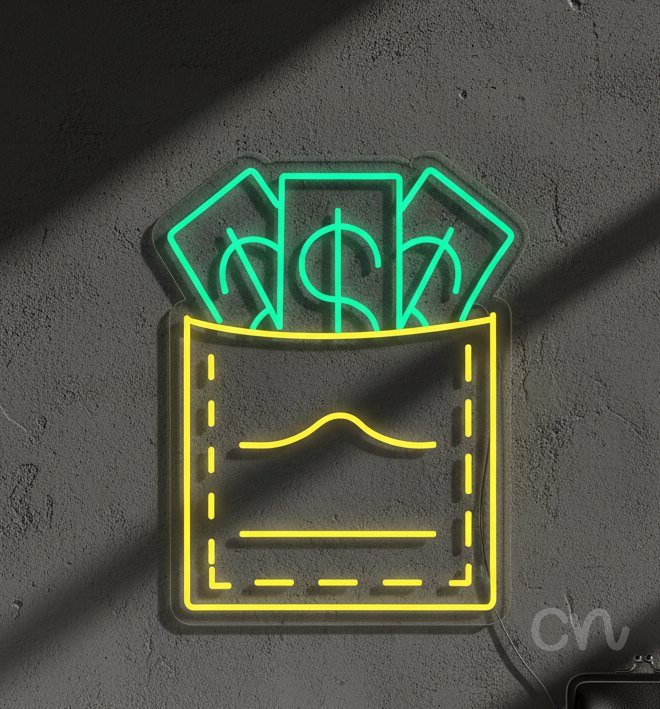 Custom Neon | Money in Pocket Neon Sign | 24x19 | Yellow and Green Neon Sign