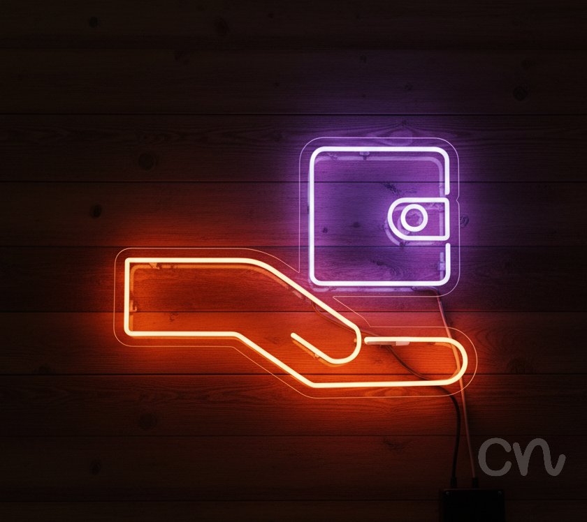 Custom Neon | Hand Holding Wallet Neon Sign | 19x26 | Orange Purple Bright Sign 2