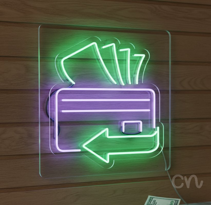 Custom Neon | Wallet with Money Neon Sign | 24x22 | Green and Lavender