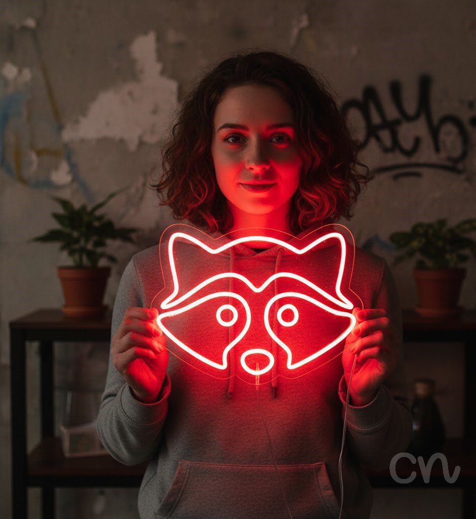 Custom Neon | Raccoon Face Neon Sign | 15x20 Inches | Red Color Bright Decor