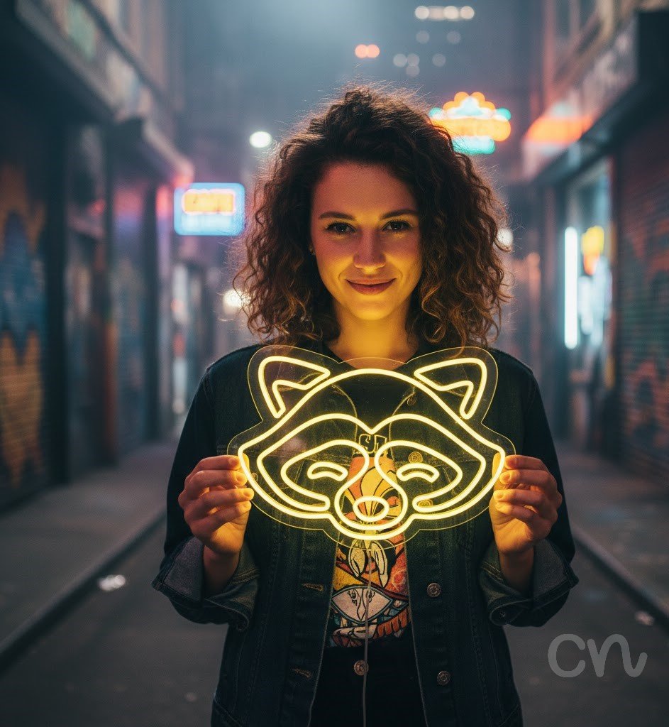 Custom Neon | Raccoon Face Neon Sign | 17x24 | Yellow Bright Color for Room Decor