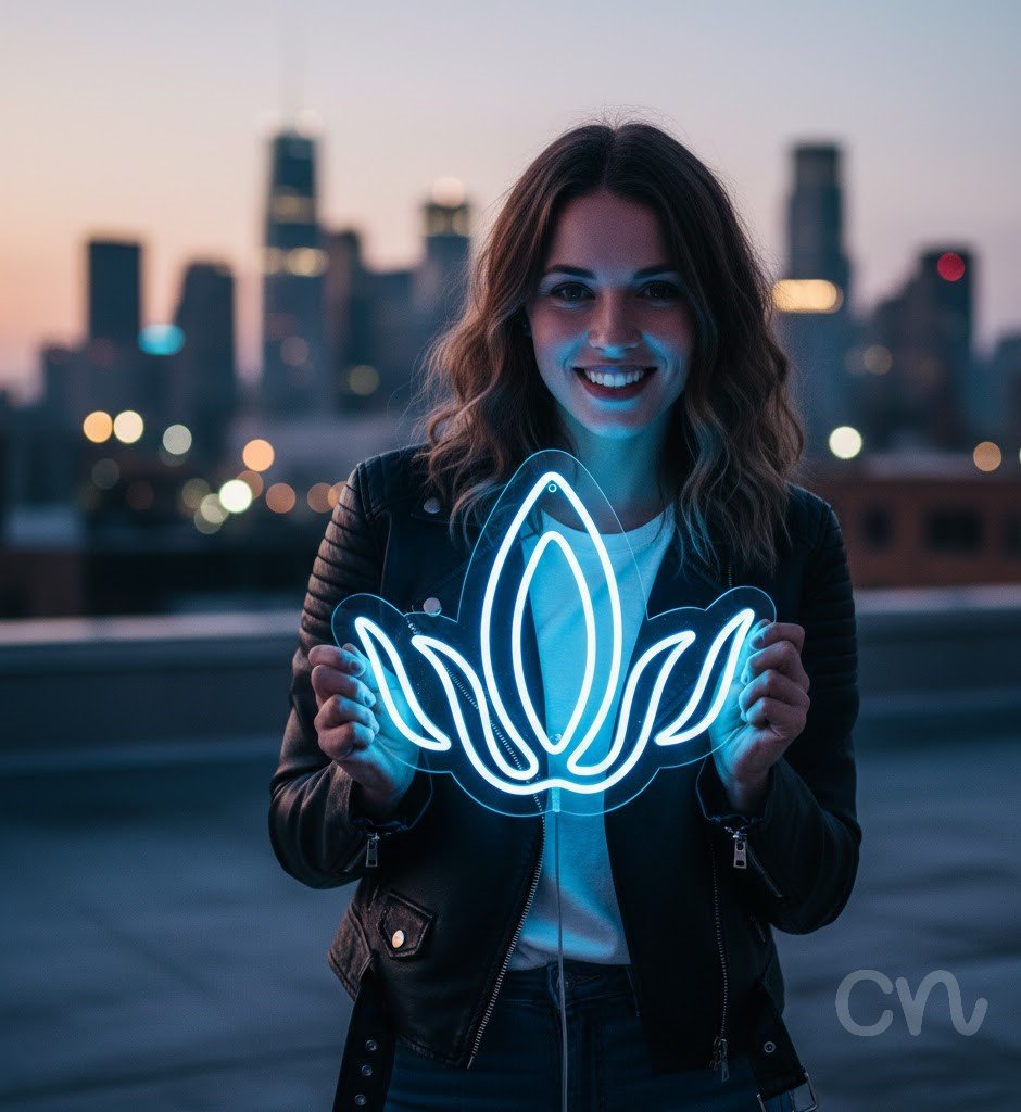 Custom Neon | Lotus Flower Neon Sign | 16x19 | Ice Blue Light for Home Decor