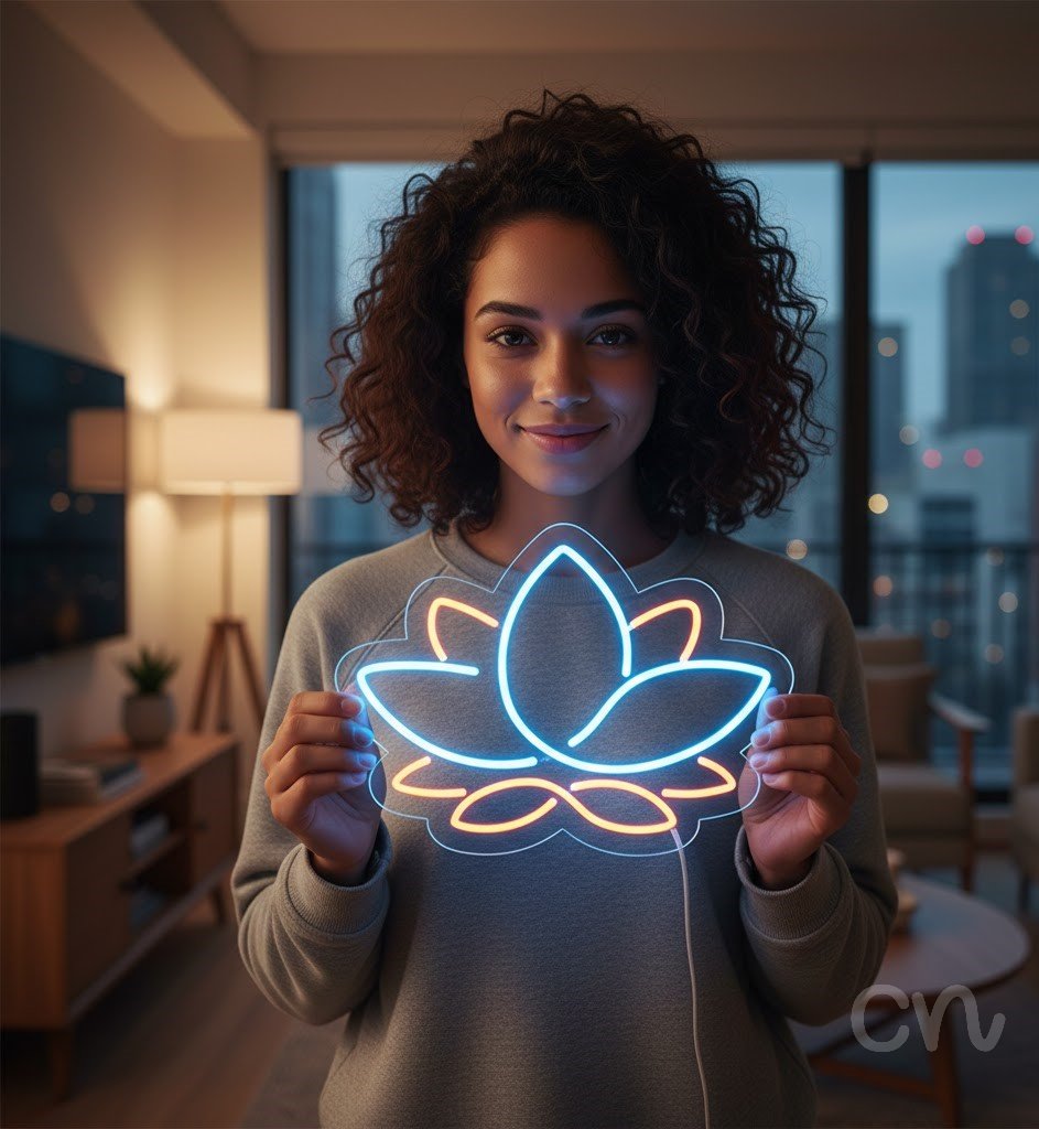 Custom Neon | Lotus Flower Neon Sign | 16x22 Inches | Light Blue and Orange Neon Sign