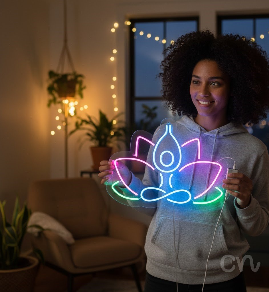 Custom Neon | Meditating Person in Lotus Neon Sign | 17x25 | Blue Pink Green
