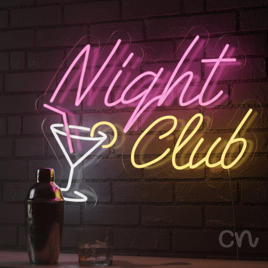 Custom Neon | Night Club Neon Sign Neon Sign | 19x24 | Hot Pink, Yellow, Warm White