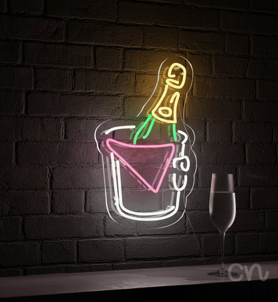 Custom Neon | Champagne Bottle in Bucket Neon Sign | 20x12 | Yellow Green Red White 2