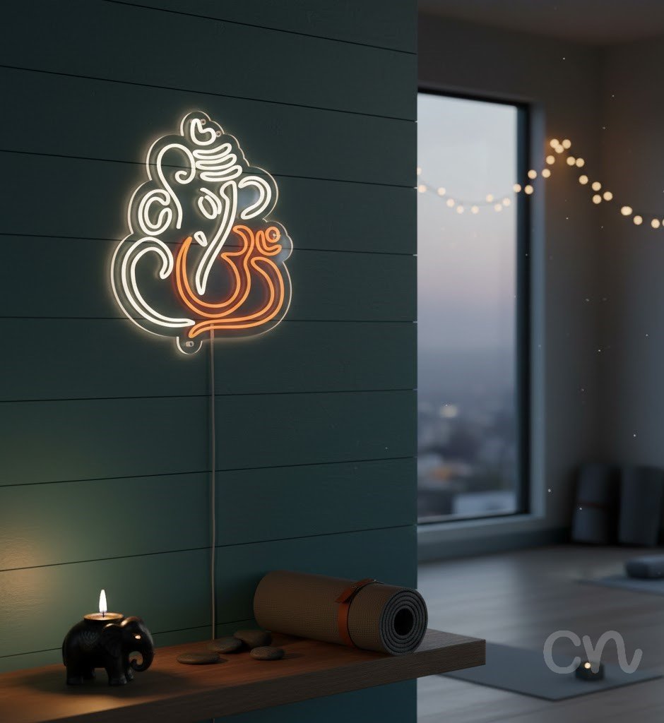 Custom Neon | Ganesha Design with Om Neon Sign | 24x20 | White and Orange