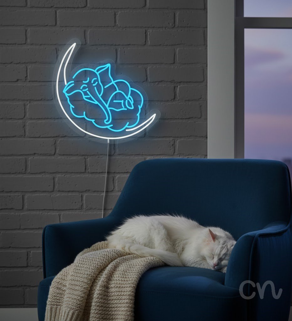 Custom Neon | Sleeping Elephant on Moon Neon Sign | 23x24 | Ice Blue