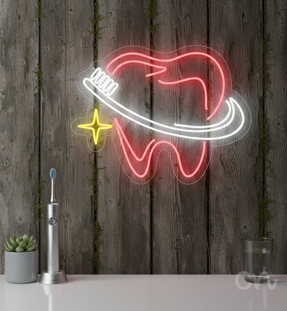 Custom Neon | Tooth with Toothbrush Neon Sign | 23x30 Inches | Pink White Yellow 2