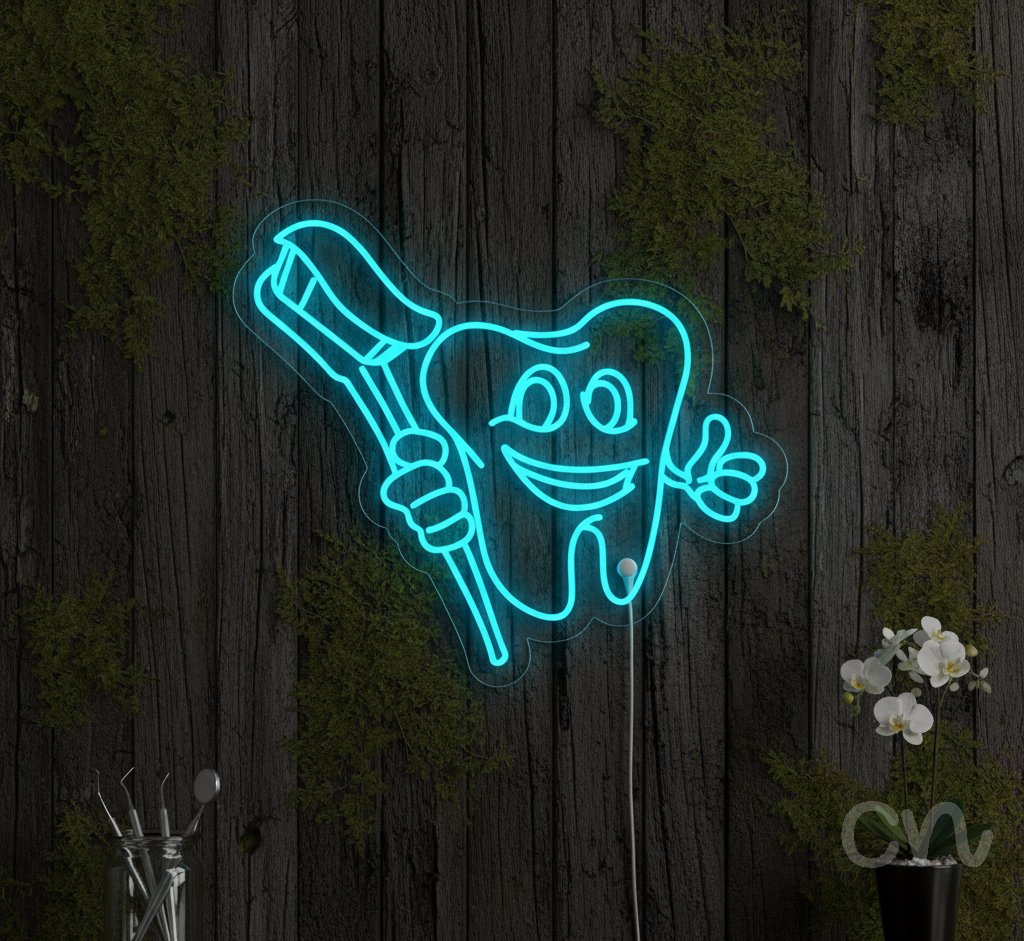 Custom Neon | Tooth with Toothbrush Neon Sign | 26x30 | Ice Blue