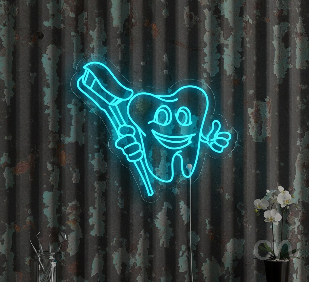 Custom Neon | Tooth with Toothbrush Neon Sign | 26x30 | Ice Blue 2