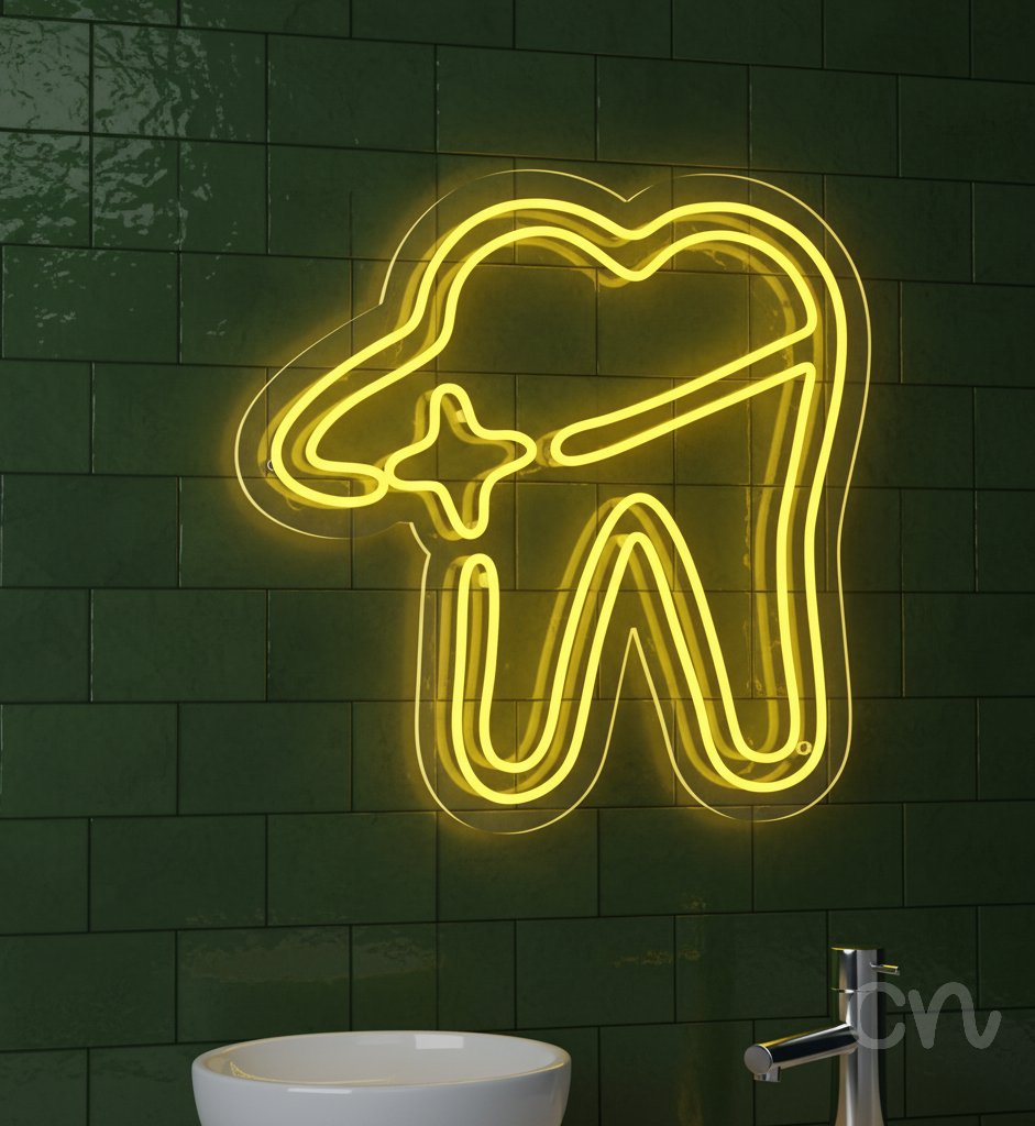 Custom Neon | Tooth with Sparkle Neon Sign | 24x24 | Yellow 2