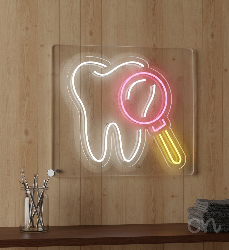 Custom Neon | Tooth with Magnifying Glass Neon Sign | 23x24 | Hot Pink, Warm White, Yellow