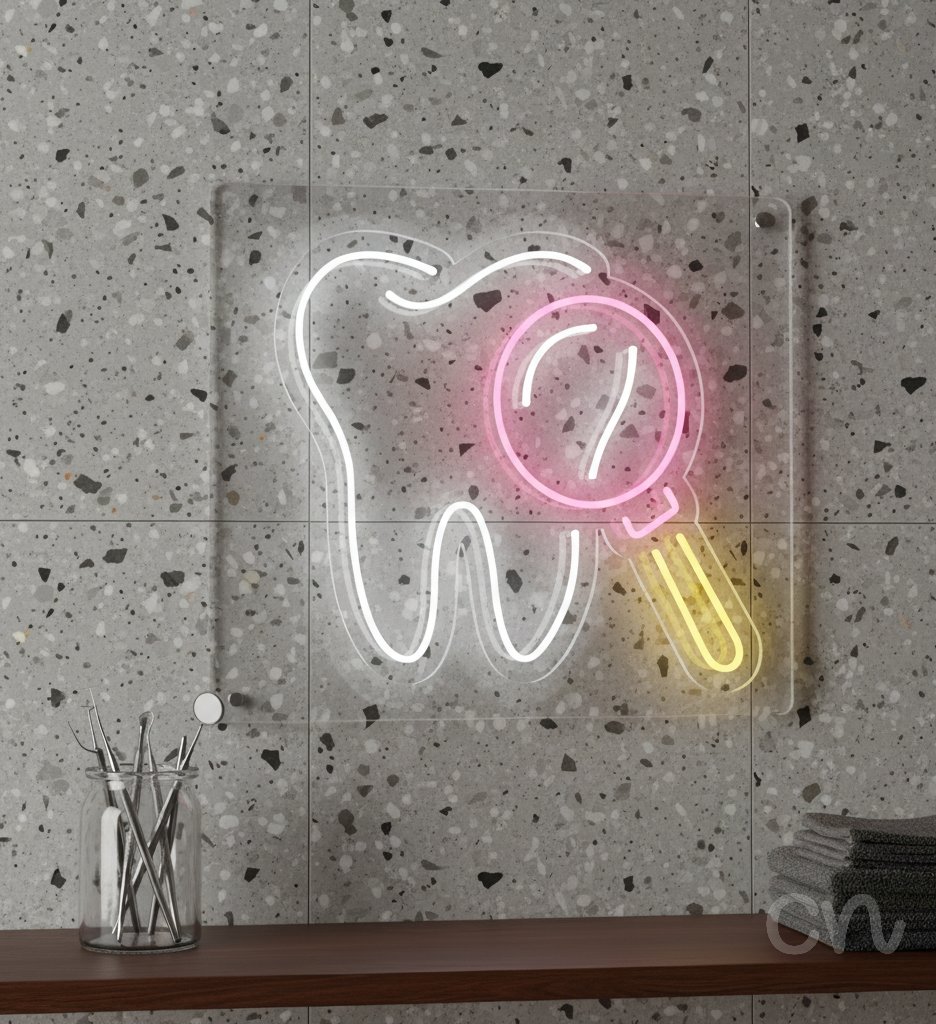 Custom Neon | Tooth with Magnifying Glass Neon Sign | 23x24 | Hot Pink, Warm White, Yellow 2