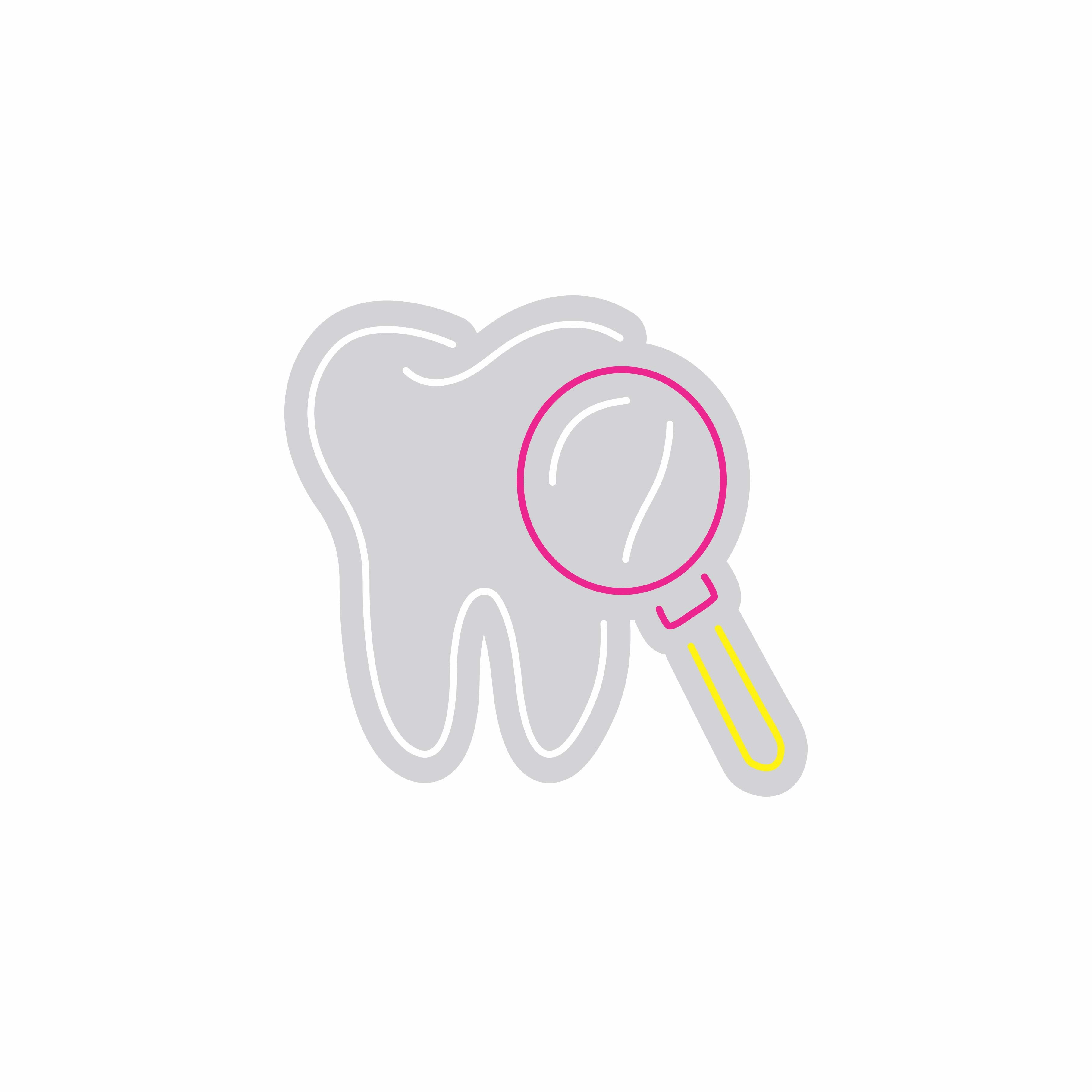 Custom Neon | Tooth with Magnifying Glass Neon Sign | 23x24 | Hot Pink, Warm White, Yellow 3