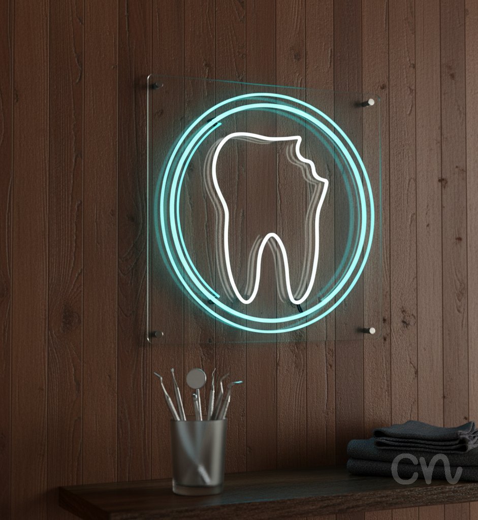 Custom Neon | Tooth Outline Neon Sign | 24x24 | White Blue Neon Sign for Dental Office 2