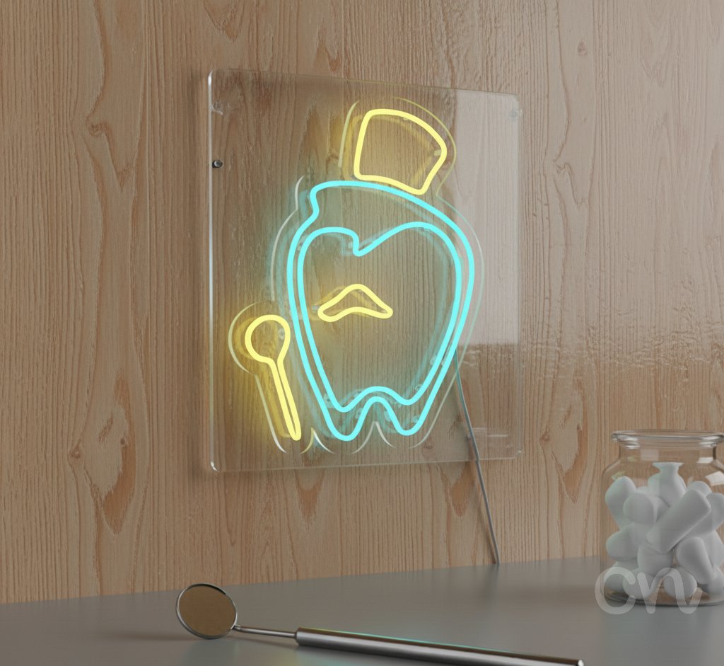 Custom Neon | Tooth with Hat Neon Sign | 24x18 | Blue and Yellow