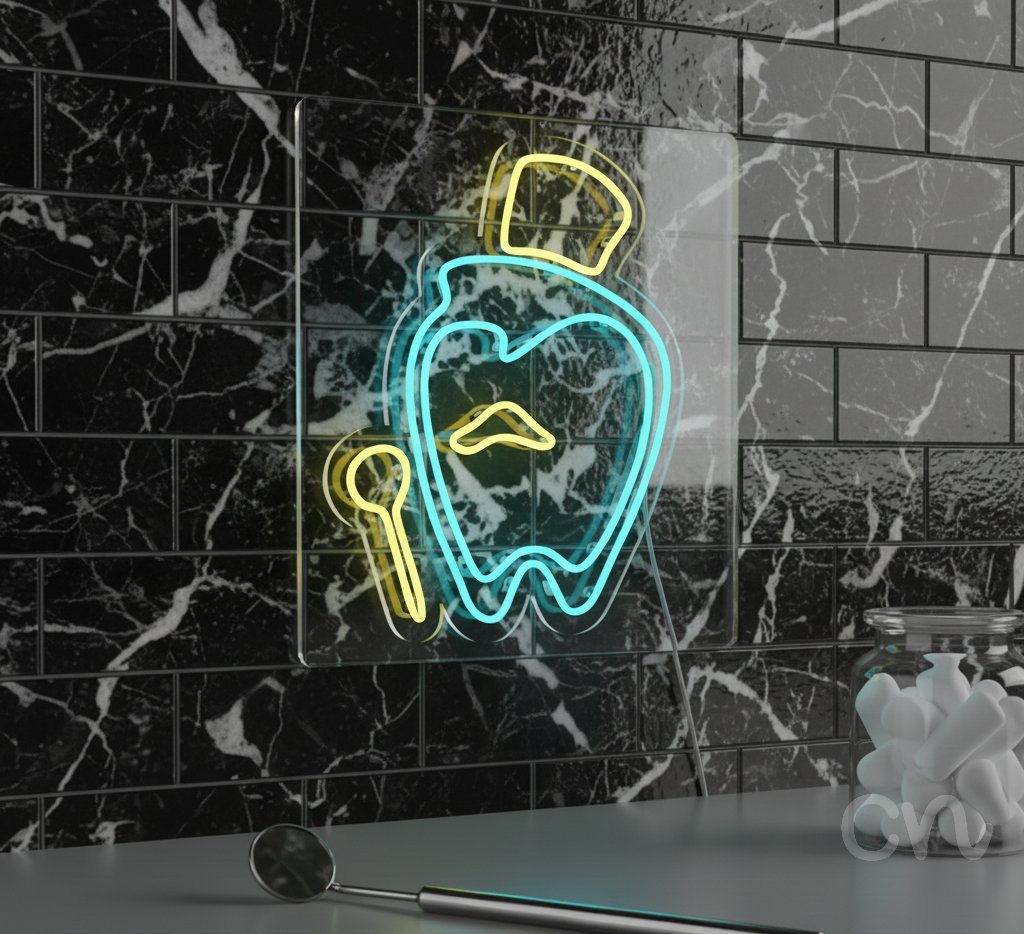 Custom Neon | Tooth with Hat Neon Sign | 24x18 | Blue and Yellow 2