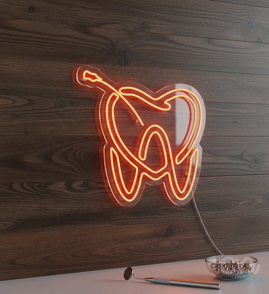Custom Neon | Tooth with Toothbrush Neon Sign | 24x24 Inches | Orange 2