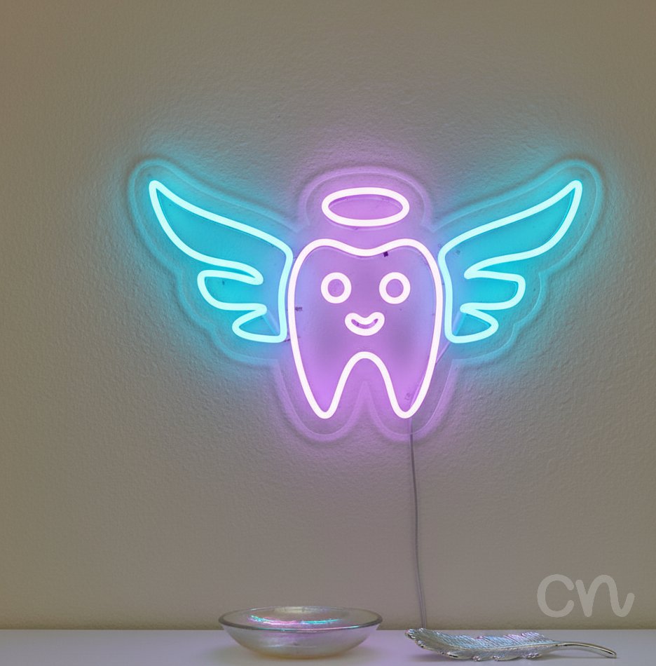 Custom Neon | Tooth with Wings Neon Sign | 13x24 | Ice Blue and Soft Purple