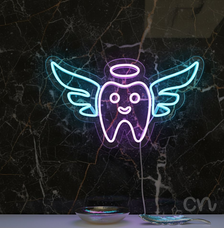 Custom Neon | Tooth with Wings Neon Sign | 13x24 | Ice Blue and Soft Purple 2