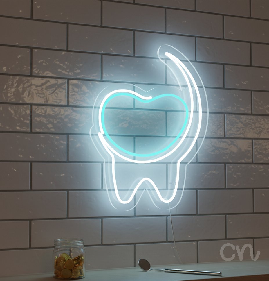 Custom Neon | Tooth Shape Neon Sign | 24x18 | Ice Blue Neon Sign for Kids Room Decor 2