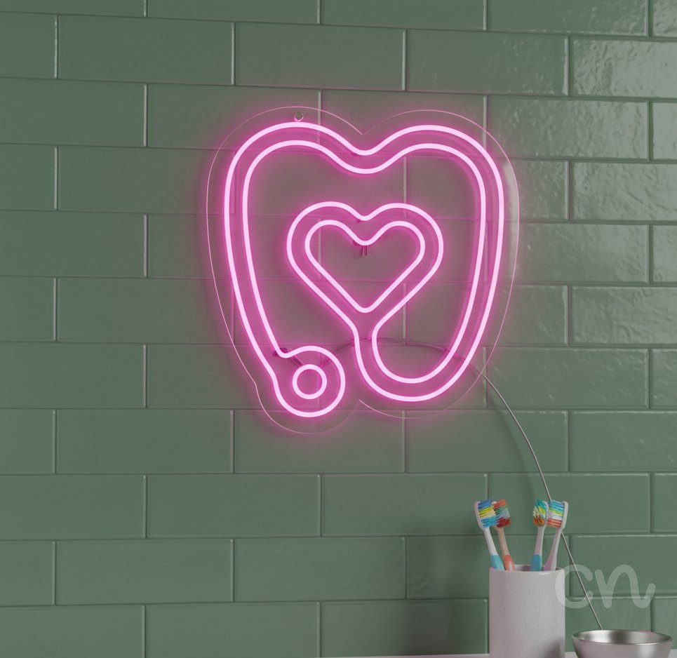 Custom Neon | Stethoscope and Heart Neon Sign | 25x24 | Hot Pink