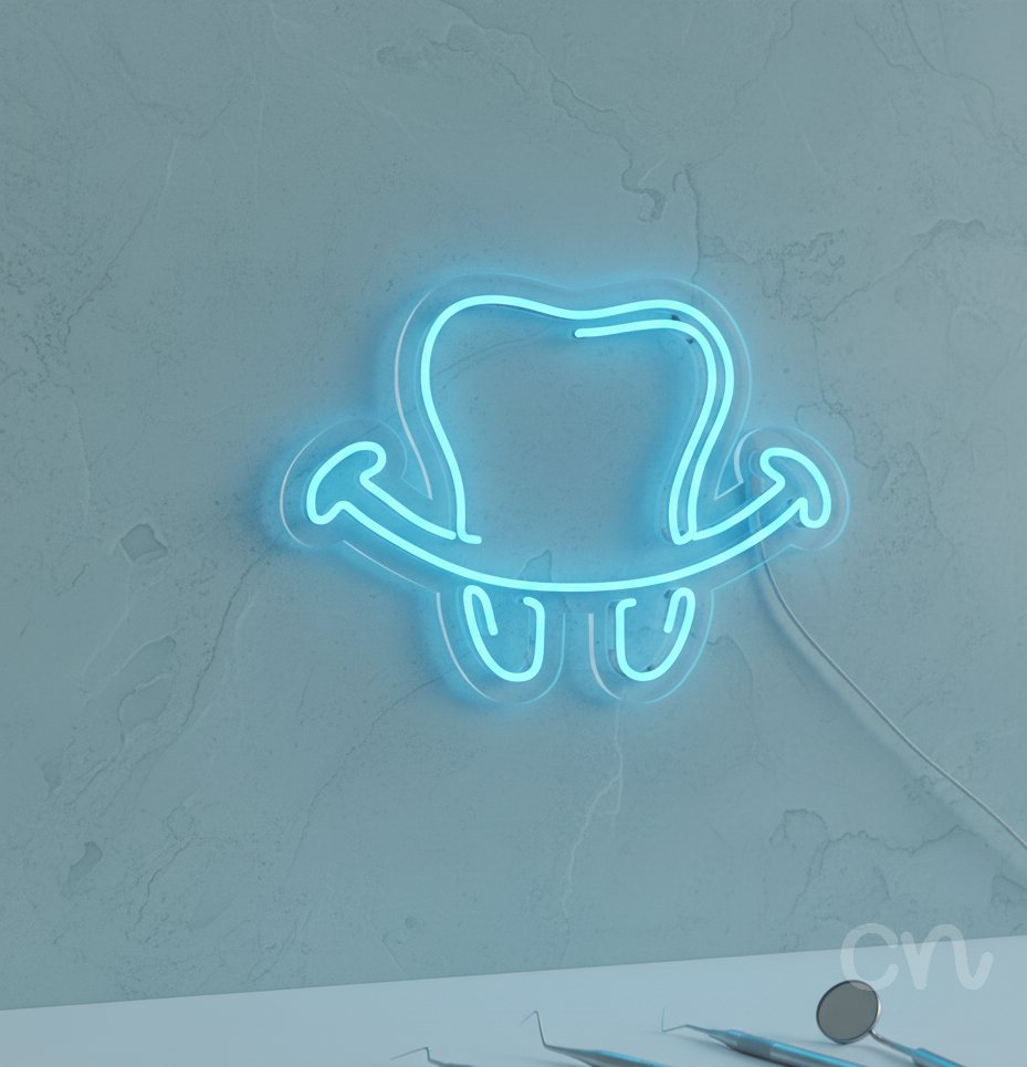 Custom Neon | Tooth with Smile Neon Sign | 17x24 Inches | Sky Blue Neon Sign