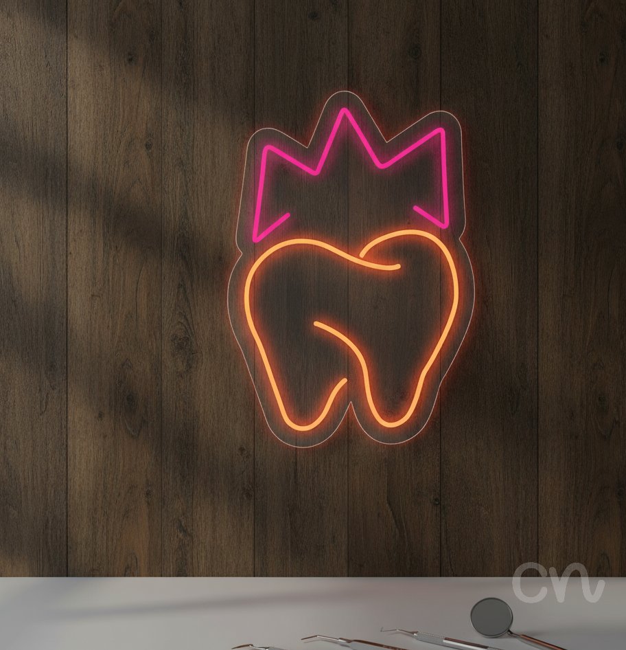 Custom Neon | Tooth with Crown Neon Sign | 24x17 Inches | Pink Orange Colors
