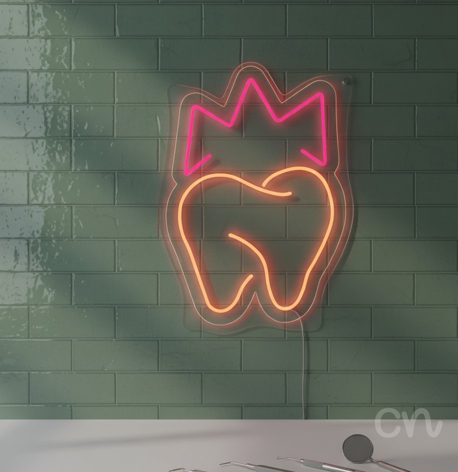 Custom Neon | Tooth with Crown Neon Sign | 24x17 Inches | Pink Orange Colors 2