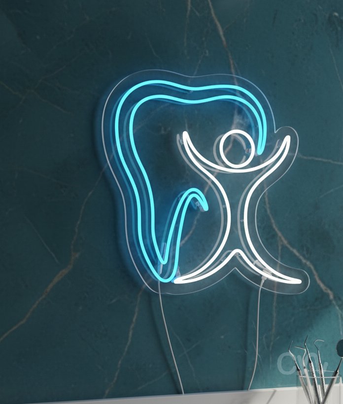 Custom Neon | Tooth and Person Design Neon Sign | 24x23 | Ice Blue Warm White