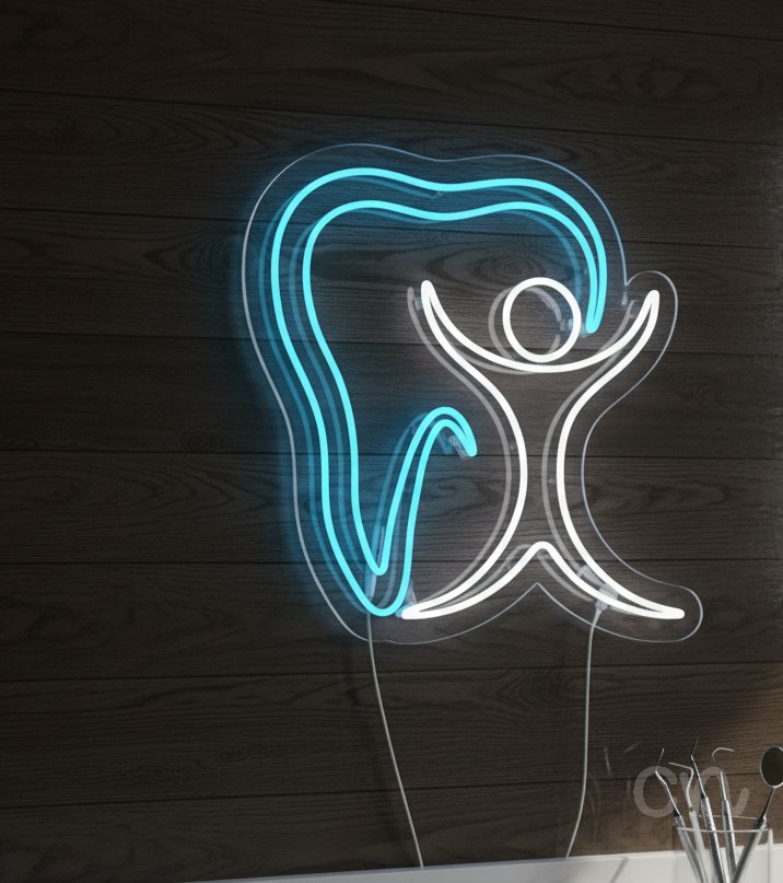 Custom Neon | Tooth and Person Design Neon Sign | 24x23 | Ice Blue Warm White 2