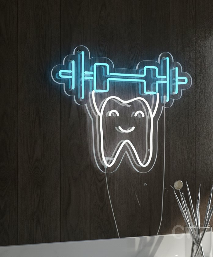 Custom Neon | Tooth with Barbell Neon Sign | 20x24 | Ice Blue