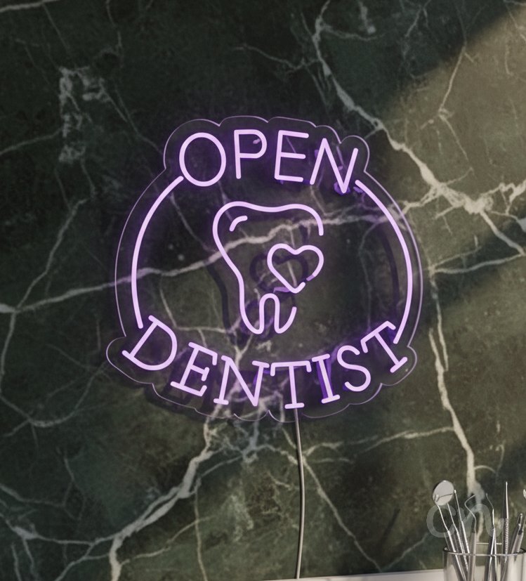 Custom Neon | Open Dentist Neon Sign | 23x24 Inches | Light Purple Neon Sign
