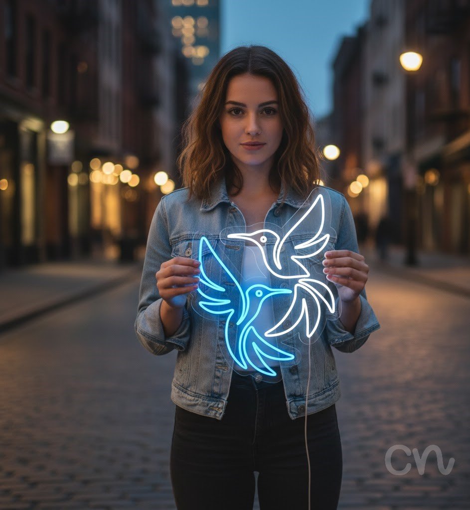 Custom Neon | Hummingbird Neon Sign | 30x24 | Ice Blue White Neon Sign for Decor