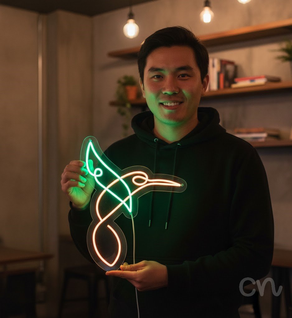 Custom Neon | Hummingbird Design Neon Sign | 24x18 | Green and Orange Colors