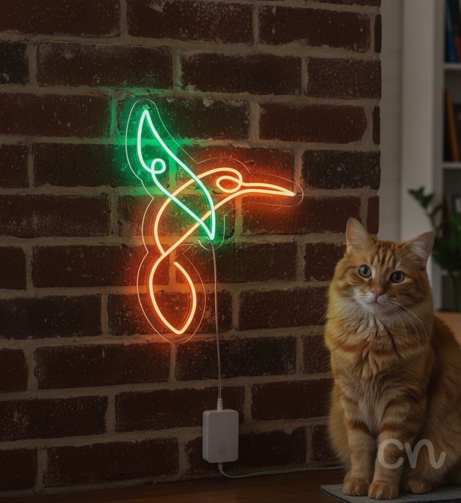 Custom Neon | Hummingbird Design Neon Sign | 24x18 | Green and Orange Colors 2