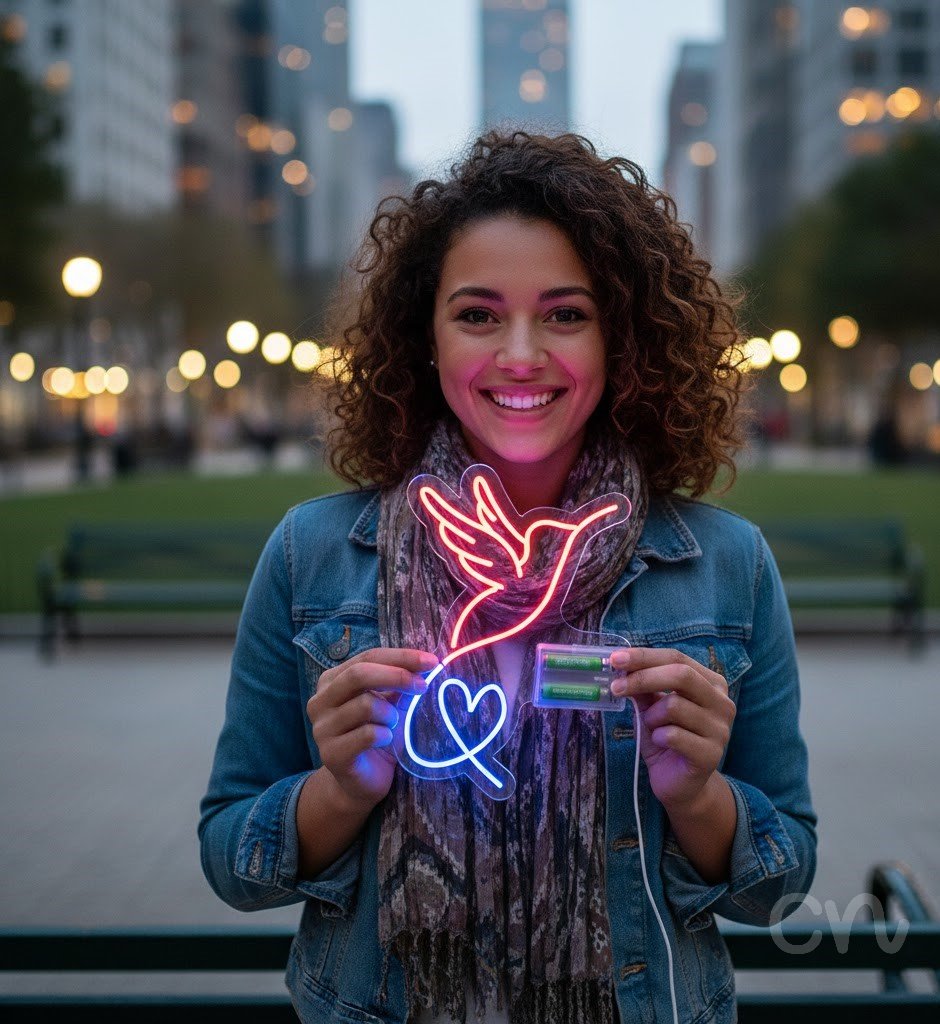 Custom Neon | Hummingbird and Heart Neon Sign | 24x17 Inches | Pink and Blue