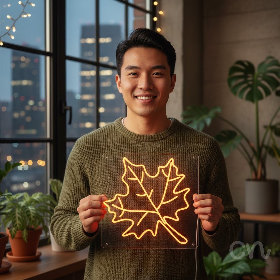 Custom Neon | Leaf Design Neon Sign | 24x24 | Orange Bright Neon Sign for Home Bar Decor