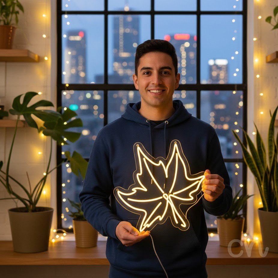 Custom Neon | Leaf Neon Sign | 24x24 | Yellow Bright Vibrant Neon Sign for Home Decor