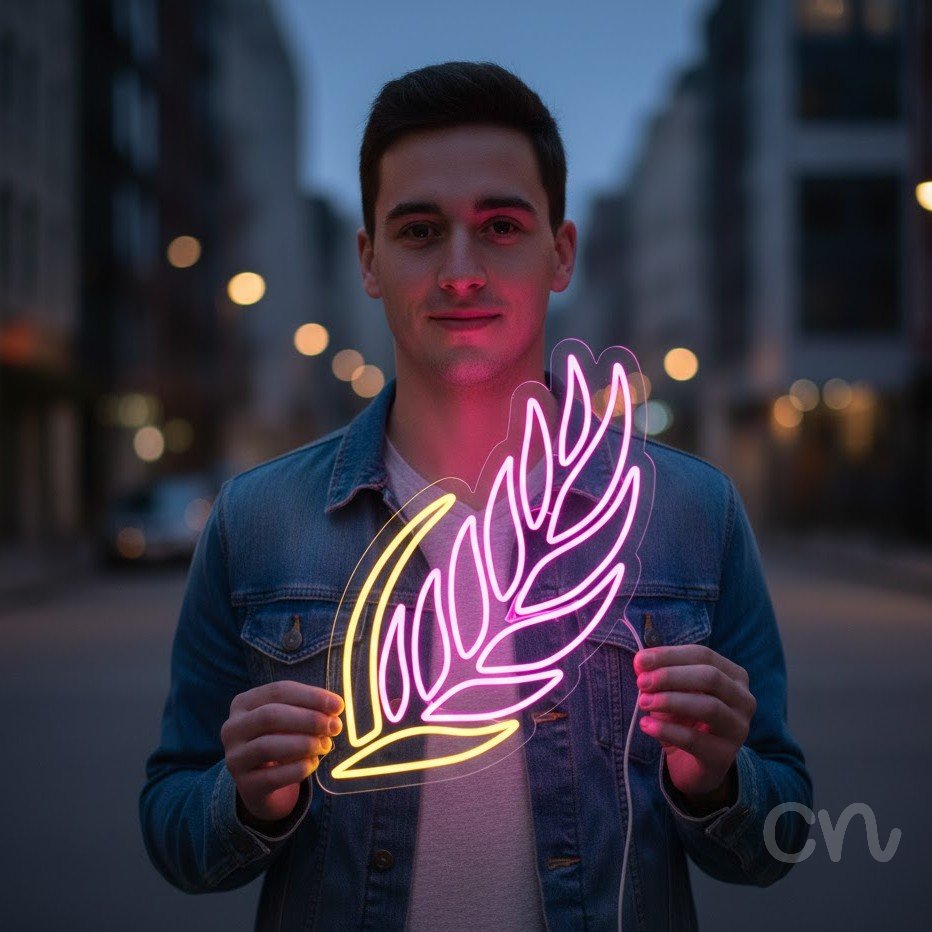 Custom Neon | Leaf Design Neon Sign | 24x18 | Hot Pink Yellow Bright Wall Decor