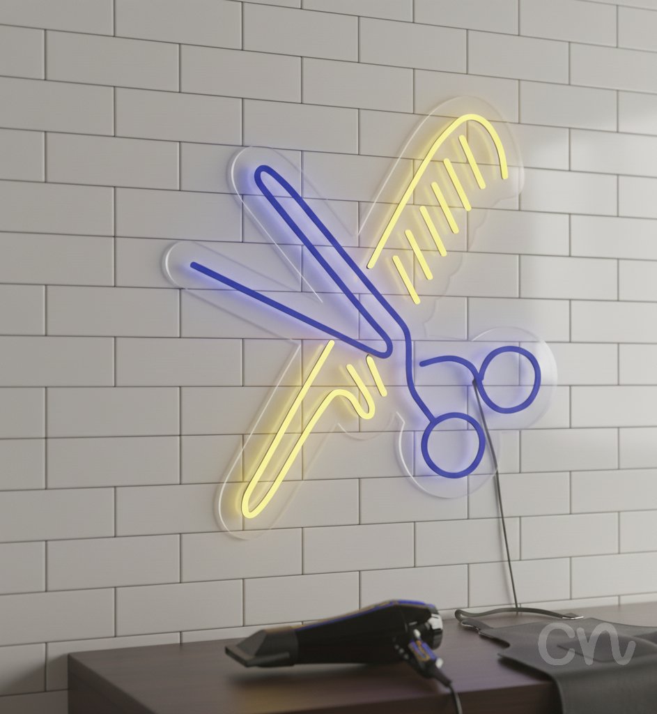 Custom Neon | Scissors and Comb Neon Sign | 24x22 Inches | Blue and Yellow Neon Sign