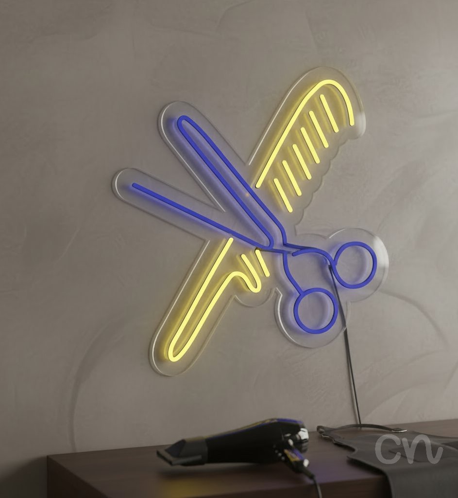 Custom Neon | Scissors and Comb Neon Sign | 24x22 Inches | Blue and Yellow Neon Sign 2