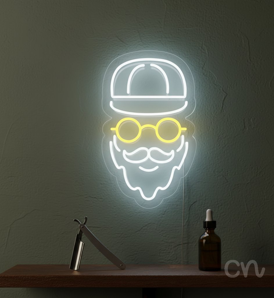 Custom Neon | Bearded Man with Glasses Neon Sign | 20x12 | White, Yellow