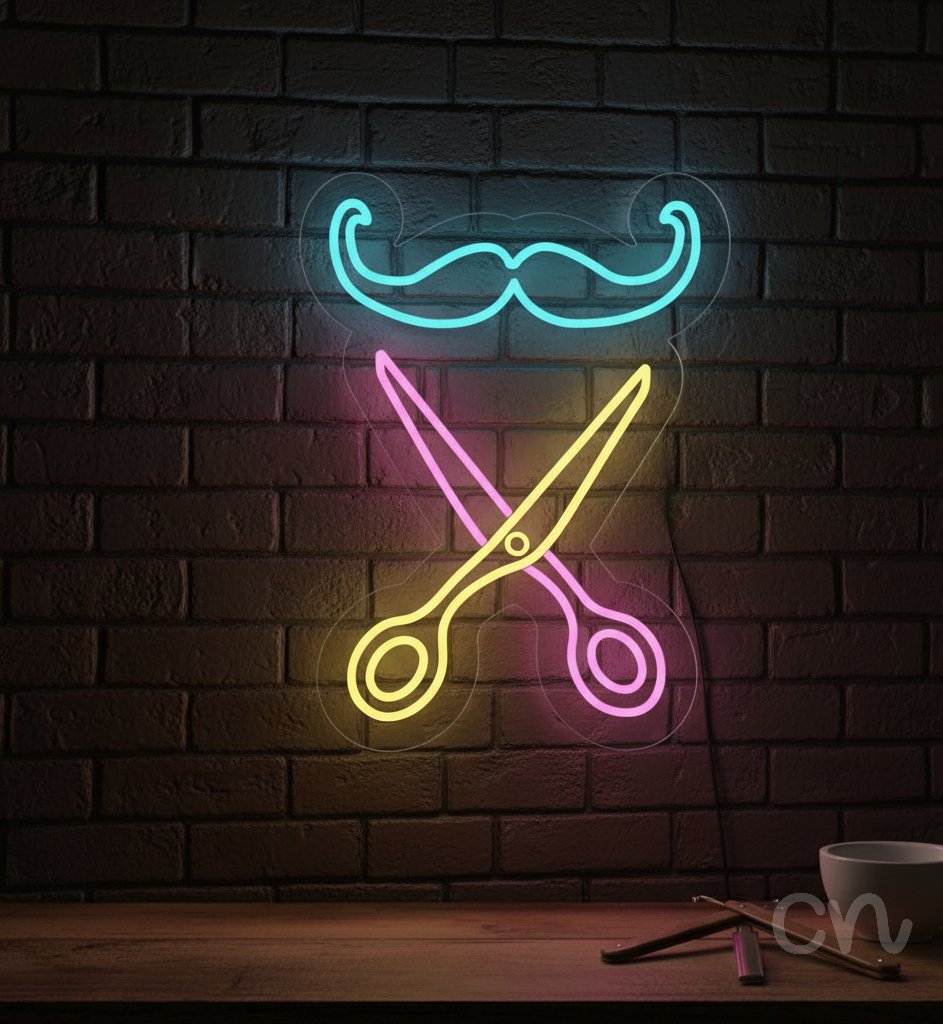 Custom Neon | Mustache and Scissors Neon Sign | 20x15 | Ice Blue, Hot Pink, Yellow