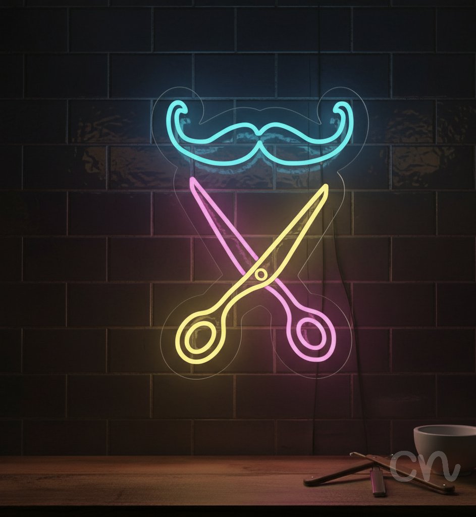 Custom Neon | Mustache and Scissors Neon Sign | 20x15 | Ice Blue, Hot Pink, Yellow 2