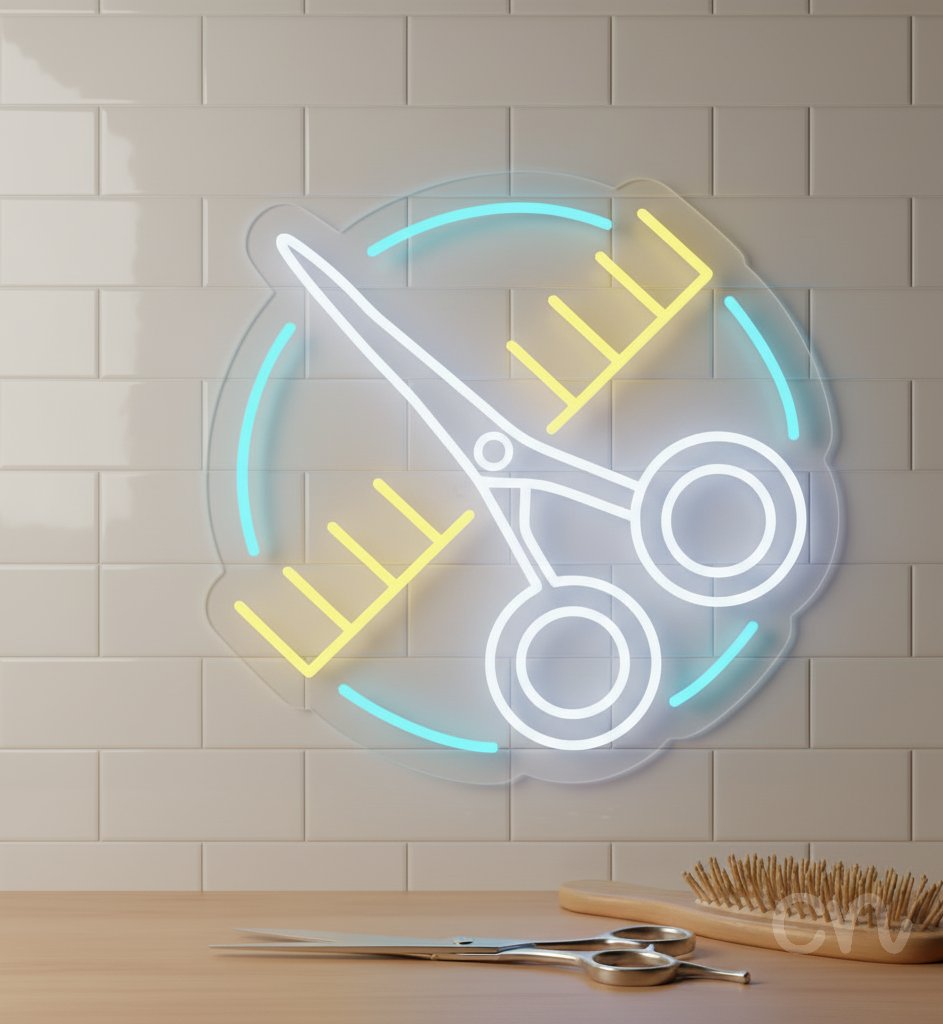 Custom Neon | Scissors and Comb Neon Sign | 19x20 | Yellow and Blue 2