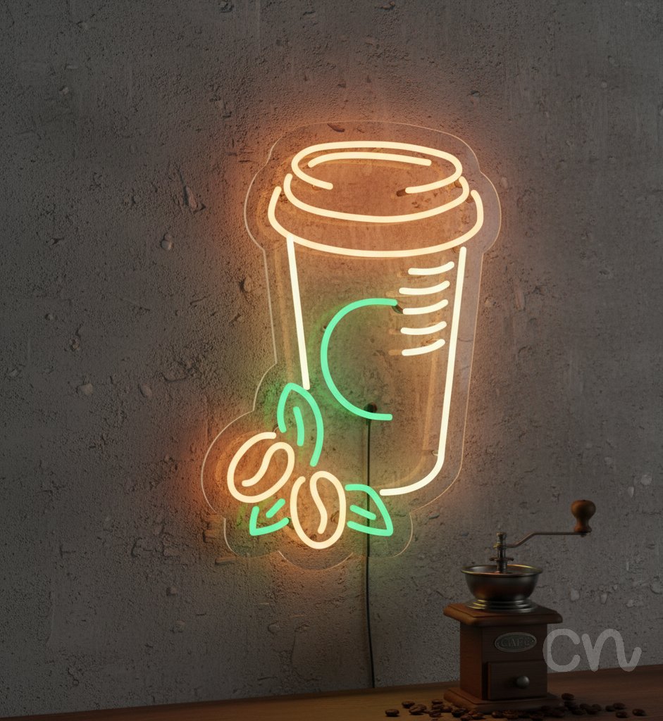 Custom Neon | Coffee Cup with Beans Neon Sign | 22x15 | Orange and Green