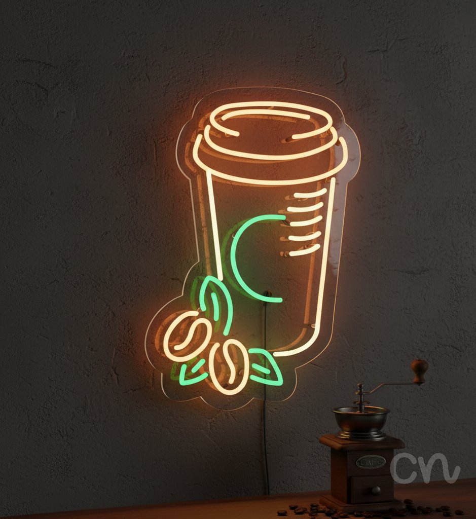 Custom Neon | Coffee Cup with Beans Neon Sign | 22x15 | Orange and Green 2