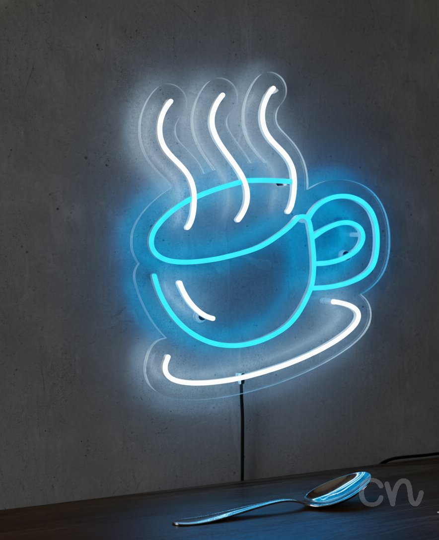 Custom Neon | Coffee Cup Neon Sign | 22x19 Inches | Ice Blue and White Neon Sign